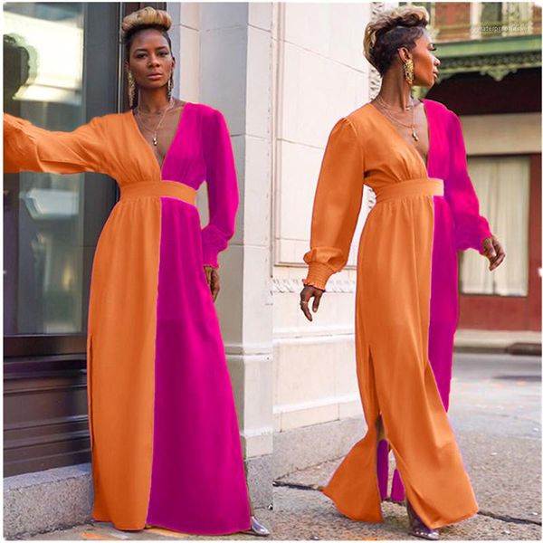 

clothing autumn womens designer dress contrast color printed v neck split maxi dress casual women, Black;gray