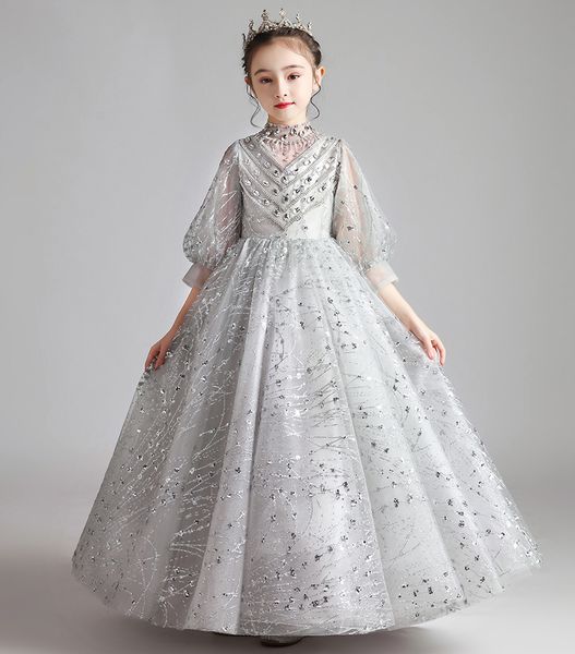 

pretty silver 3/4 sleeves beads flower girls' dresses girl' brithday dresses girls' formal dress holiday dresses custom sz 2, White;red