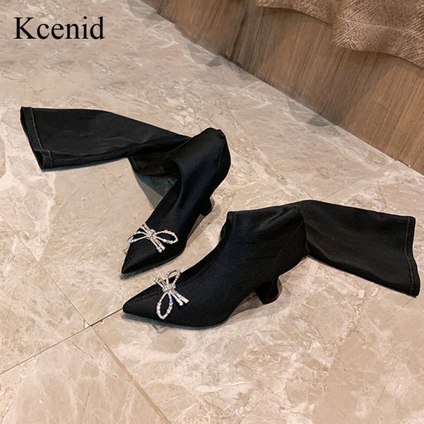 

kcenid women thigh high boots autumn winter stretch sock long boots high heels crysatl butterfly over the knee shoes, Black