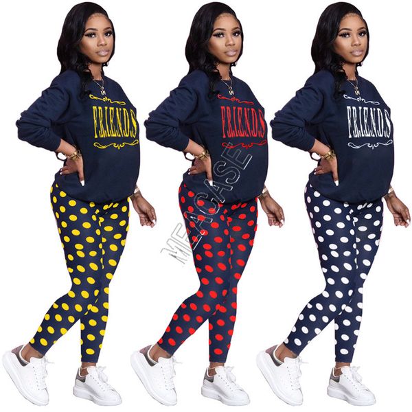 

женщины tracksuit дизайнер dots друзья письмо printed сыпучего длинный рукав толстовка брюки леггинсы двухкусочный нижнее спортивный костюм, Gray