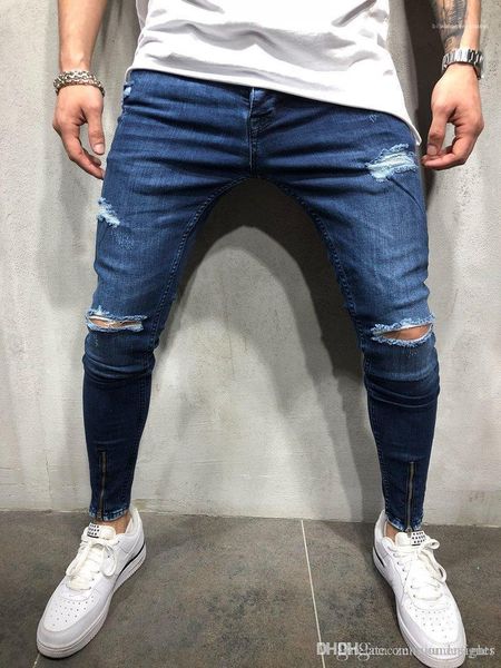 

summer style homme clothing hip hop casual apparel mens hole designer jeans pants solid color zipper fashion, Blue