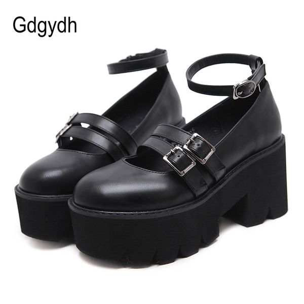 

gdgydh womens pump gothic shoes ankle strap high chunky heels platform punk creepers shoes female fashion buckle comfortable, Black