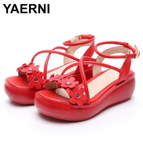 

yaerni 2020 summer women thick sole retro sandals handmade ladies shoes solid color woman summer sandals pu leather shoes, Black