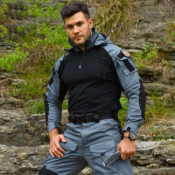 

outdoor pants tactical camouflage uniform clothes suit 13 pockets men army combat shirt +pants with pads, Black;green