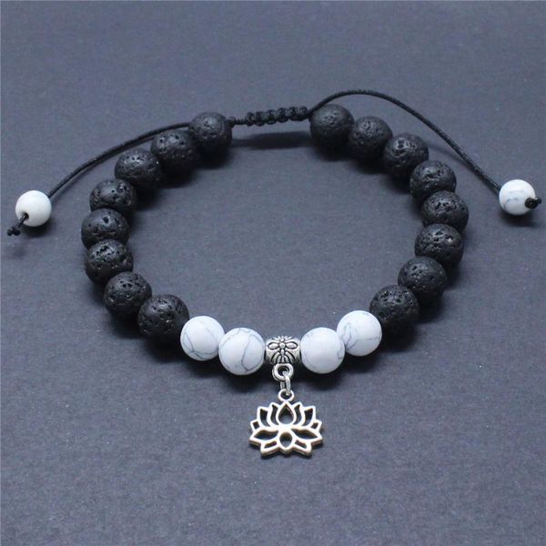 

hiping 8mm lava rock lotus charm bracelet for men women anxiety essential oil diffuser braided rope yoga bracelet beads, Golden;silver