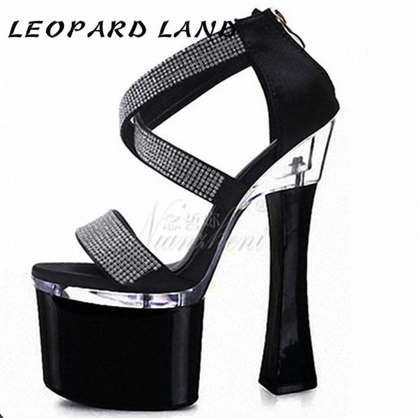 

leopard land 18cm heels color matching rhinestone round suede super high heel ladies' back zipper bag heels fashion sandals lyp, Black