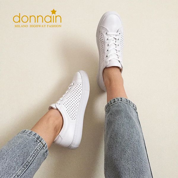 

donnain genuine leather women white shoes breathable sneakers autumn casual lace up women shoes vulcanized platform, Black