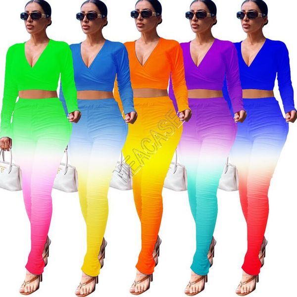 

women designers clothes 2020 gradient tracksuit casual hoodies leggings pleated trousers v-neck long sleeve crop pants 2 pcs set d81701, White
