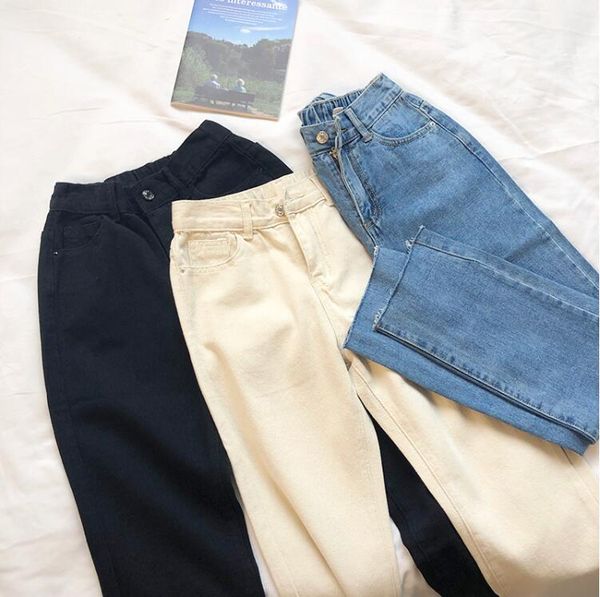 

comfortable elastic waist base straight retro high waist denim trousers, Blue