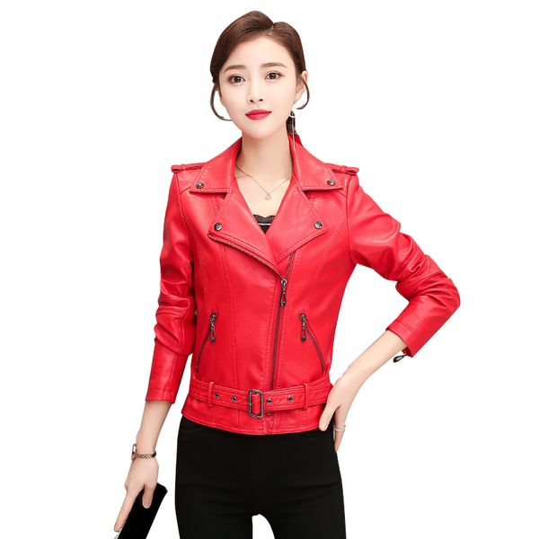 

new style women korean slim leather jacket female belt lapel leather jackets outwear, Black
