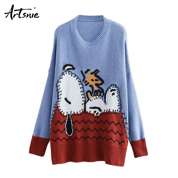 

blue streetwear cartoon knitted pullovers women autumn 2020 o neck long sleeve girls sweaters tricot jumper pull femme, White;black