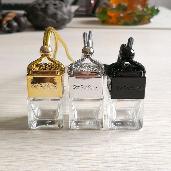 

8ml car perfume bottles square shape clear bottle with uv alloy caps hang rope for car decorations air freshener