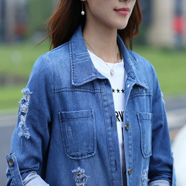

thin denim jacket hole windbreaker female spring autumn korean coat version of the long section large size long sleeve casual, Black;brown