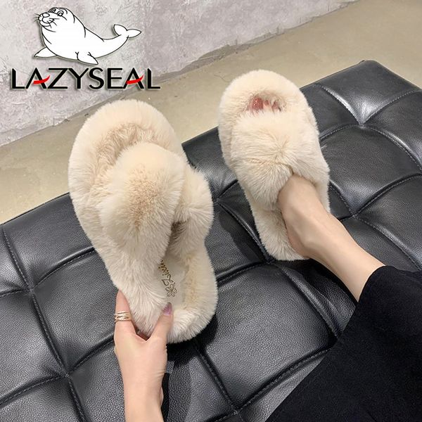 

lazyseal warm faux fur slippers women shoes winter ladies flip flops flat heel casual plush shoes women's furry indoor slides, Black