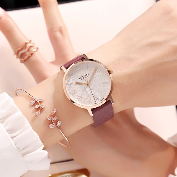 

women new simple fashion casual quartz round watch girls genuine leather band julius waterproof wrist watches lady round clock, Slivery;brown