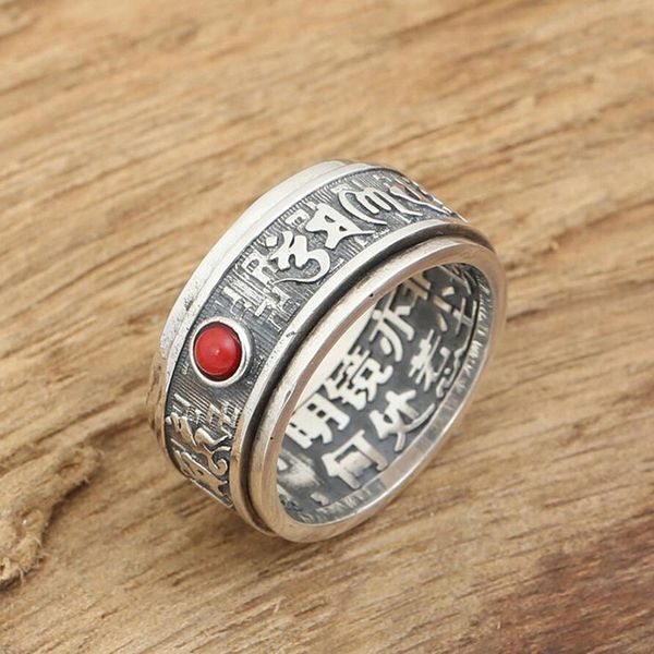 

925 sterling silver red gem buddhist heart sutra ring rotatable wedding ring gift