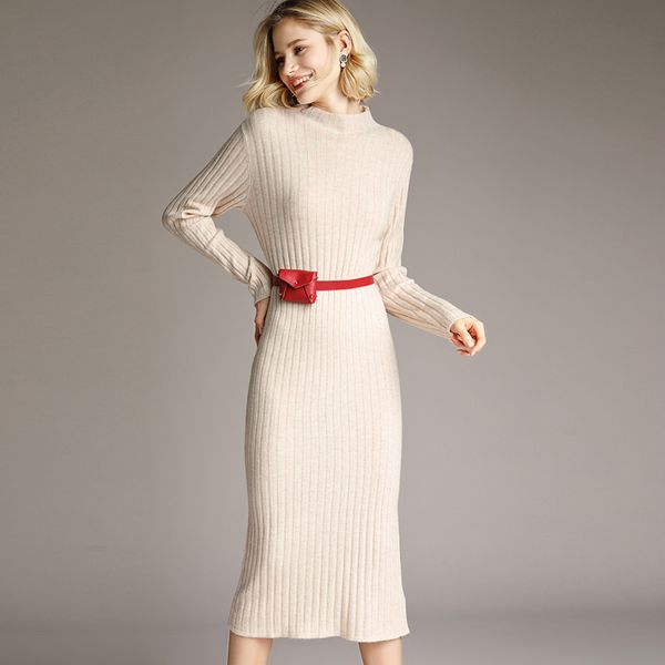 

women's sweaters smpevrg 19 100% wool sweater women long dress half turtleneck female pullover sleeve slim jumpers, White;black