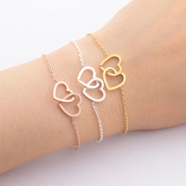 

stainless steel dainty double heart bracelet femme rose gold chain couple bracelets for women jewelry pulseras bridesmaid gift, Golden;silver