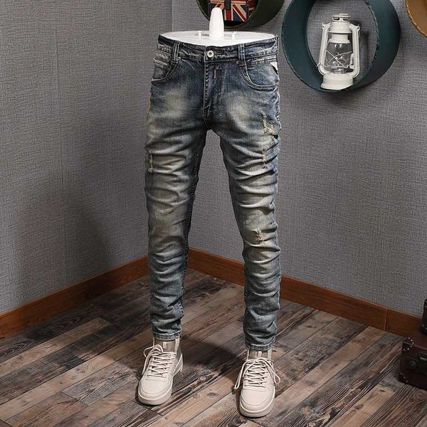

men's jeans fashion streetwear men retro slim fit ripped elastic vintage designer pants hip hop, Blue