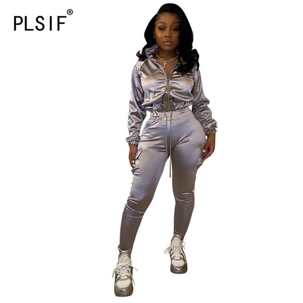 

young party women fashion gray long sleeve zipper long sleeve crop and pants 2 pieces set high street lady fashion outfits