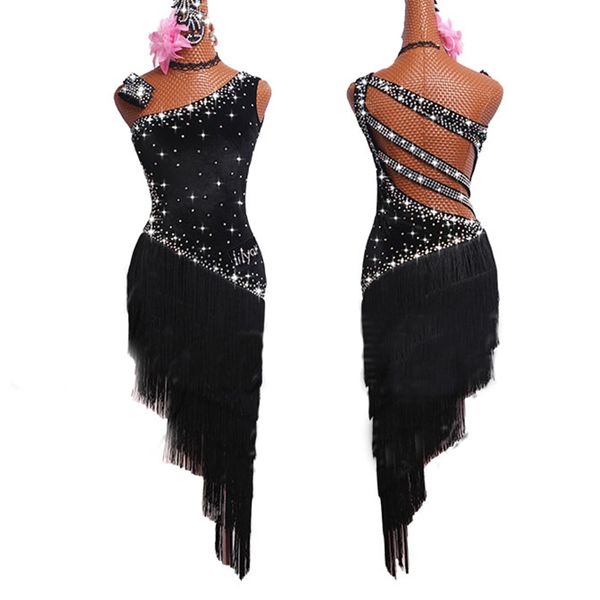

latin dance dresses for women black fringe shiny rhinestone backless tango salsa ballroom compete latin dance costumes bl1279, Black;red