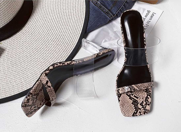 

slippers women 2021 summer high-heeled slides thick-heeled square-toe sandals snake pattern fashion transparent shoes, Black