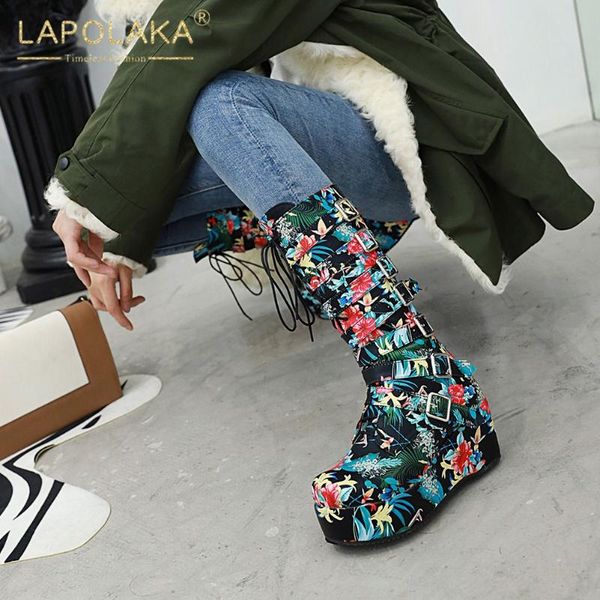 

lapolaka 2020 new arrivals plus size 46 wedge high heels mid calf boots woman shoes zip up colorful ins autumn winter boots, Black