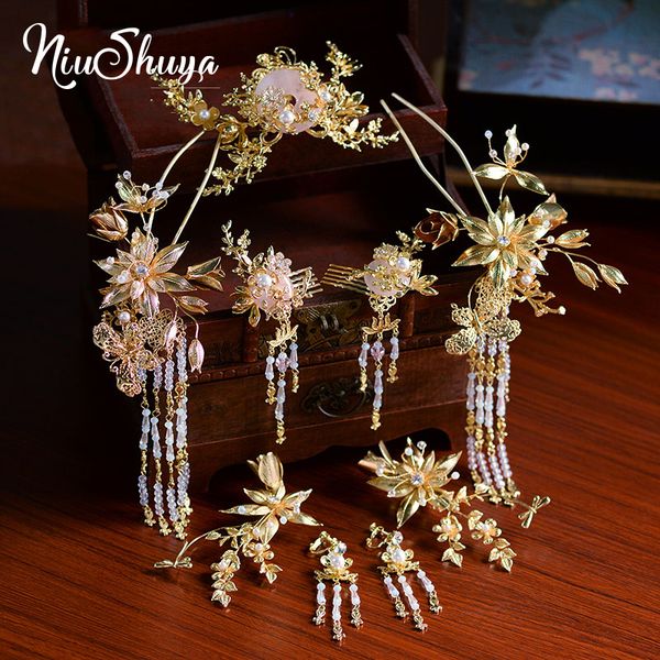 

niushuya traditional chinese brides wedding phoenix crown hair ornaments ancient tassels suits vintage bridal hair accessories, Golden;silver