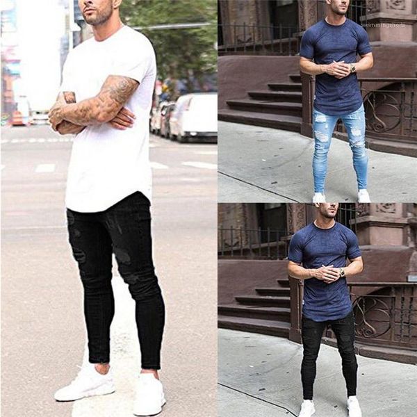 

pencil pants male casual solid jeans mens hole skinny jeans stretch mid waist zipper fly, Blue