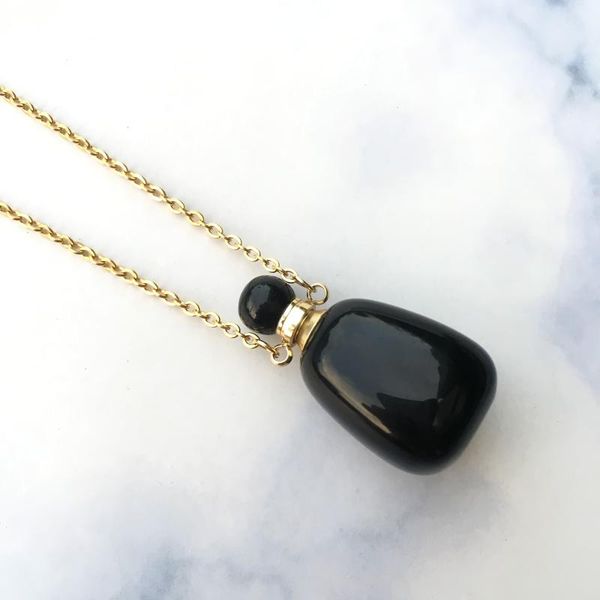 

smooth obsidian bottle necklace,semiprecious necklace,perfume bottle necklace,essential oil diffuser ,perfume pendant, Silver