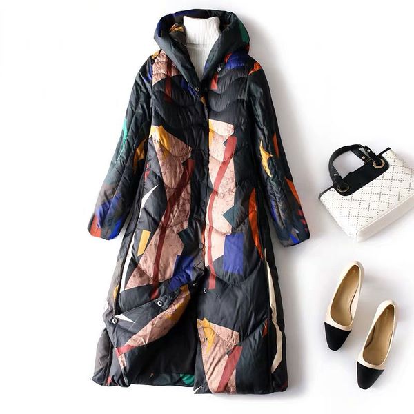 

women 2020 hooded long printed duck down jackets female fashion loose warm coat lady national style winter clothes x150, Black