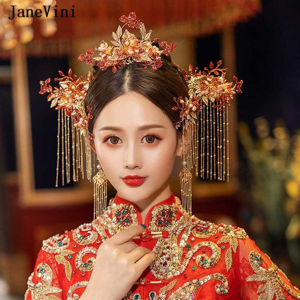 

janevini traditional chinese style gold red bridal crowns luxury leaves hairpins long tassels wedding jewelry hair accessories, Golden;silver