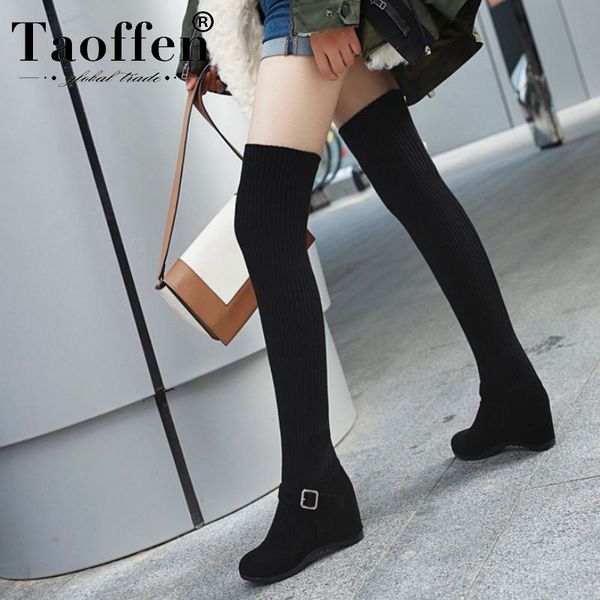 

taoffen slim women over the knee boots height increasing shoes black long boots new buckle warm women footwear size 34-43