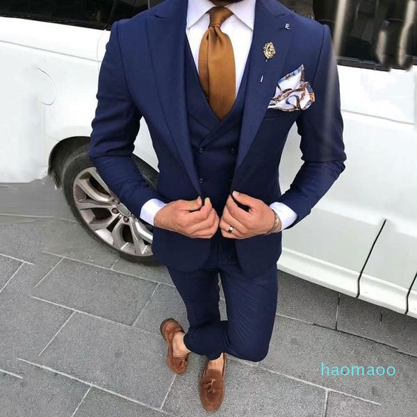 Moda-Ultimo Cappotto Pantalone Blu Navy Abiti da uomo per il matrimonio Prom Uomo Blazer Smoking dello sposo Terno Masculino Costume Homme 3 pezzi