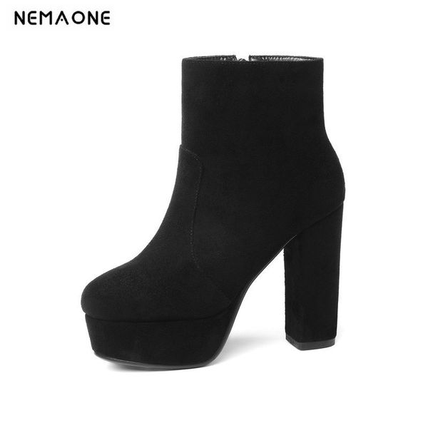

nemaone 2020 new flock leather boots women high heels platform ankle boots for women round toe autumn winter shoes, Black