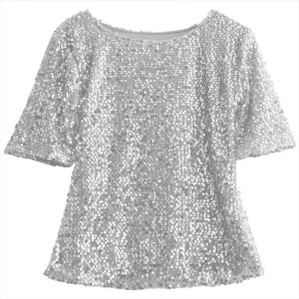 

fashion high street ladiesclothes short sleeve round neck glistening sequin blouse slim shirts unique design solid blouses, White