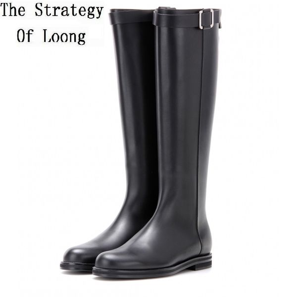 

boots women autumn winter knee-high low button rubber zipper microfiber belt buckle knight atmospheric solemnity 20210908, Black