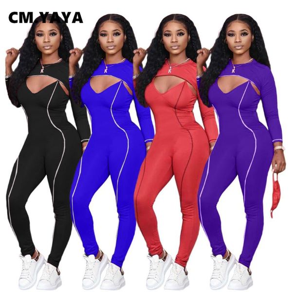

cm.yaya sport women's set long sleeve crop spaghetti strap jumpsuit set tracksuit fitness two piece outfit active sweatsuit, Gray