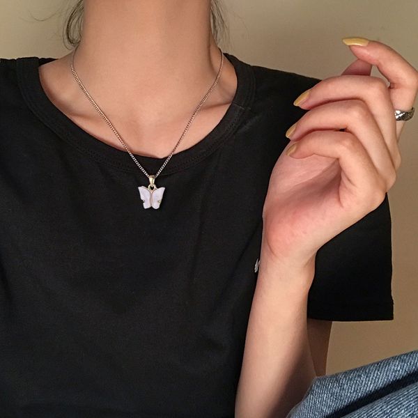 

new korean acrylic small butterfly necklace for women 2020 fashion sweet simple adorable clavicle chain necklace female jewelry, Silver
