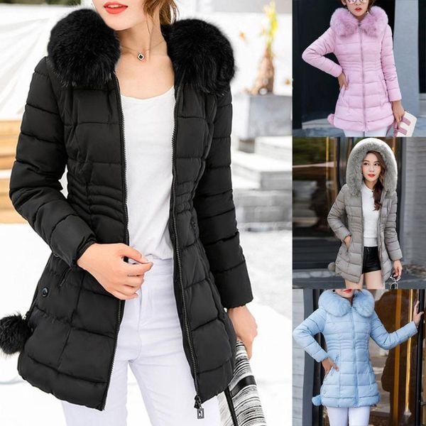 

women's down & parkas 2021 women fashion winter thick jackets coats faux fur hooded slim casual long cotton wadded laidies overcoat, Black