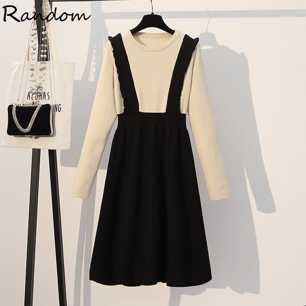

plus size women patchwork fake two piece kintted sweater dress autumn 2020 long sleeve loose sweet cute dresses winter big cloth, Black;gray
