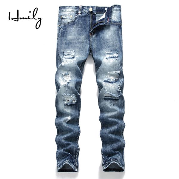 

hmily designer jeans men straight blue color cotton mens jeans ripped jean male clothes size 28-42 hole shredded men