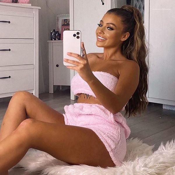 

2 piece shorts strapless solid color fuzzy sleeveless sets new casual women clothing autumn women, Gray