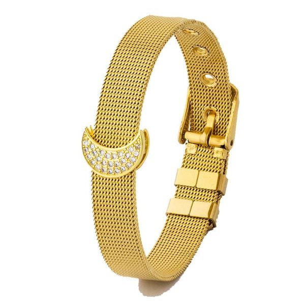

women cz crescent copper accessories adjustable stainless steel bracelet watch belt buckle bangle jewelry for birthday gifts, Golden;silver