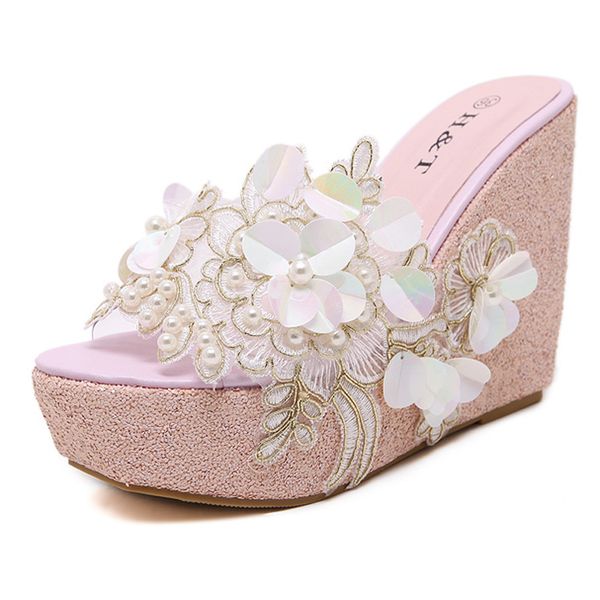 

2020 new height increase shoes, sweet beaded flowers transparent wedge sandals and slippers women, Black