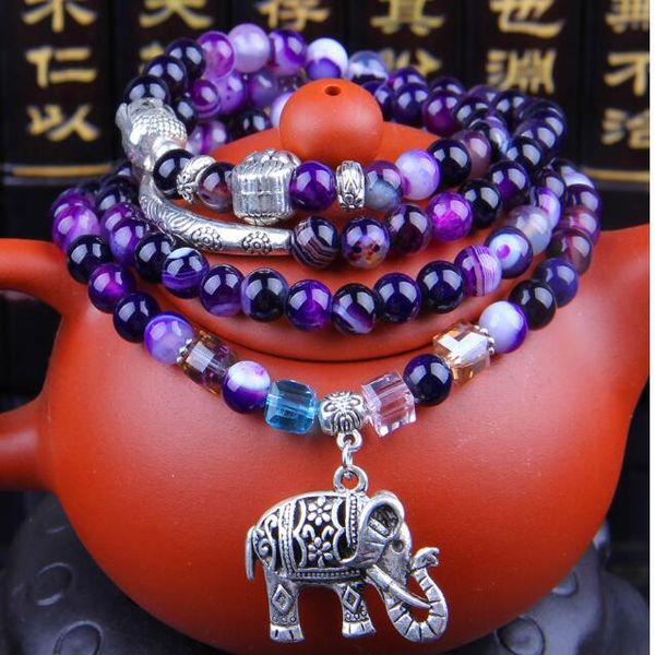 

jewelry buddha's head bracelets natural crystal agate elephant pendant elastic string muiltilayer beaded bracelets for women men, Black
