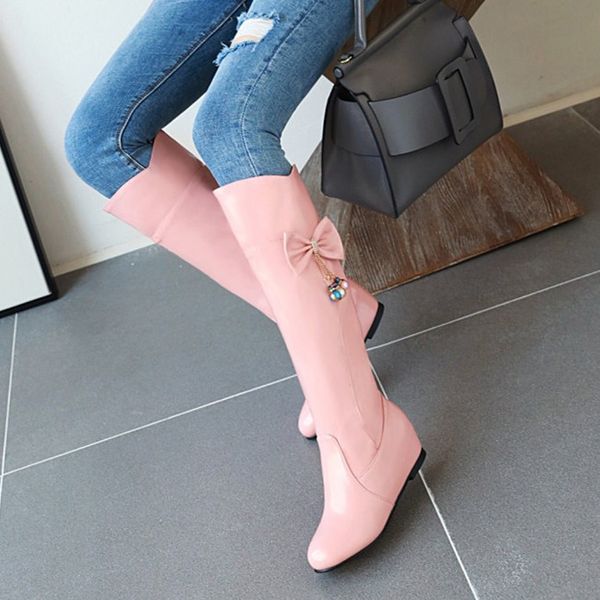 

pxelena winter sweet lolita princess knee high boots bow tie beads hidden heel women wedding dress cosplay shoes white pink red, Black