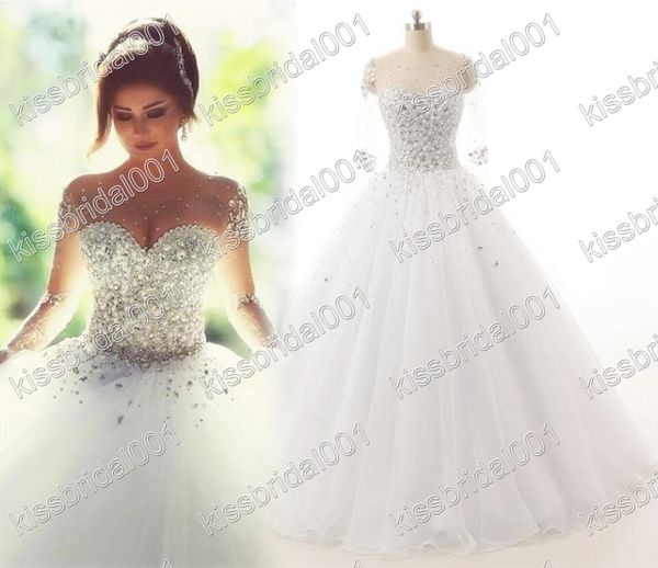

Real Photo Wedding Dresses Long Sleeves Crystal Quinceanera Dress Elegant Lace Up Sheer Illusion Neck Ball Gown Bridal Gowns