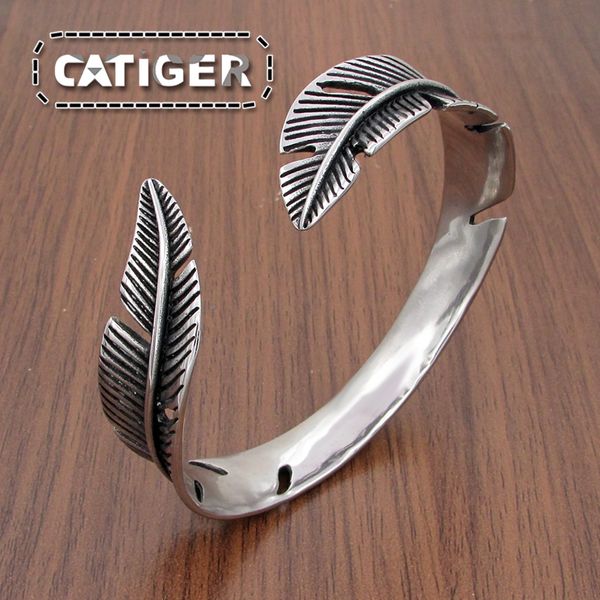 

vintage 316l stainless steel feather shape open bracelet for men or women classic retro style rock jewelry, Black