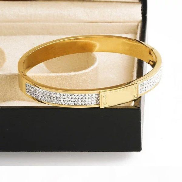 

new luxury designer jewelry women bangles silver rose gold inlaid diamond stainless steel bracelets female personality jewelry gift, Black
